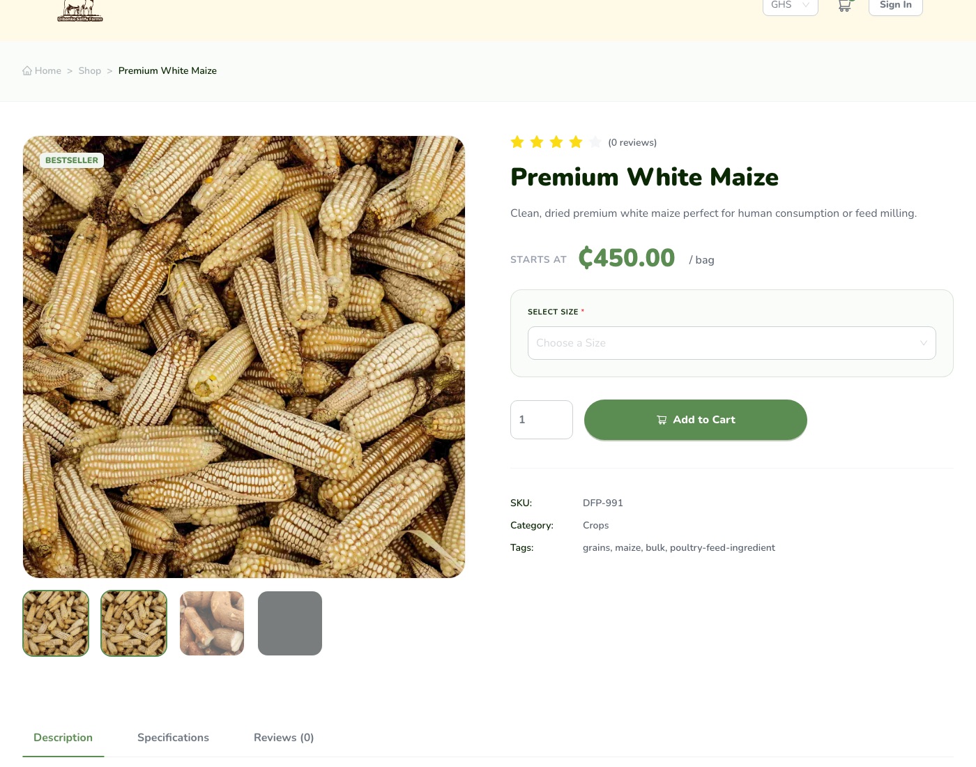 A shop product page for premium white maize, showing size and quantity pickers, an add to cart button, and the item's SKU, category and tags
