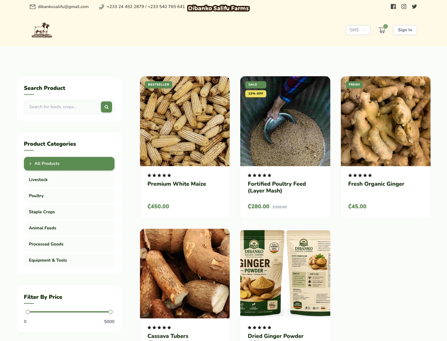 The online shop's catalogue, with a product search, six category filters and a price slider beside a grid of maize, poultry feed and ginger