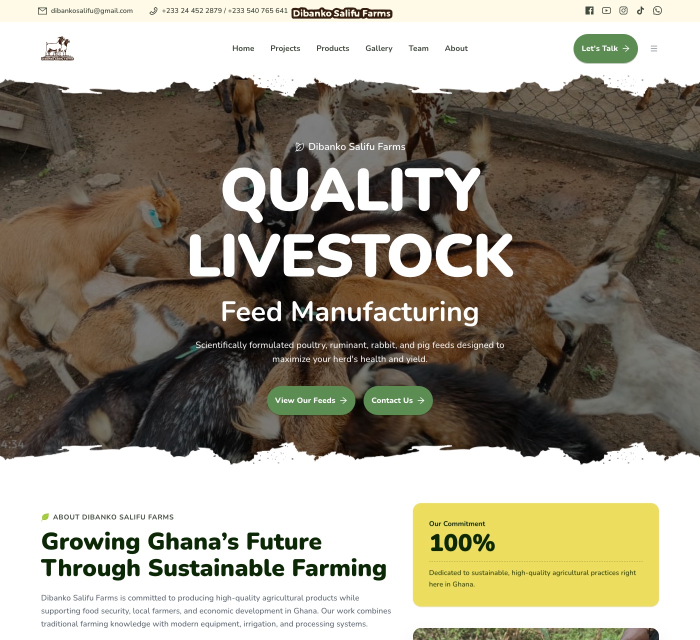 The Dibanko Salifu Farms home page, headlined Quality Livestock and Feed Manufacturing over a photograph of goats at the farm